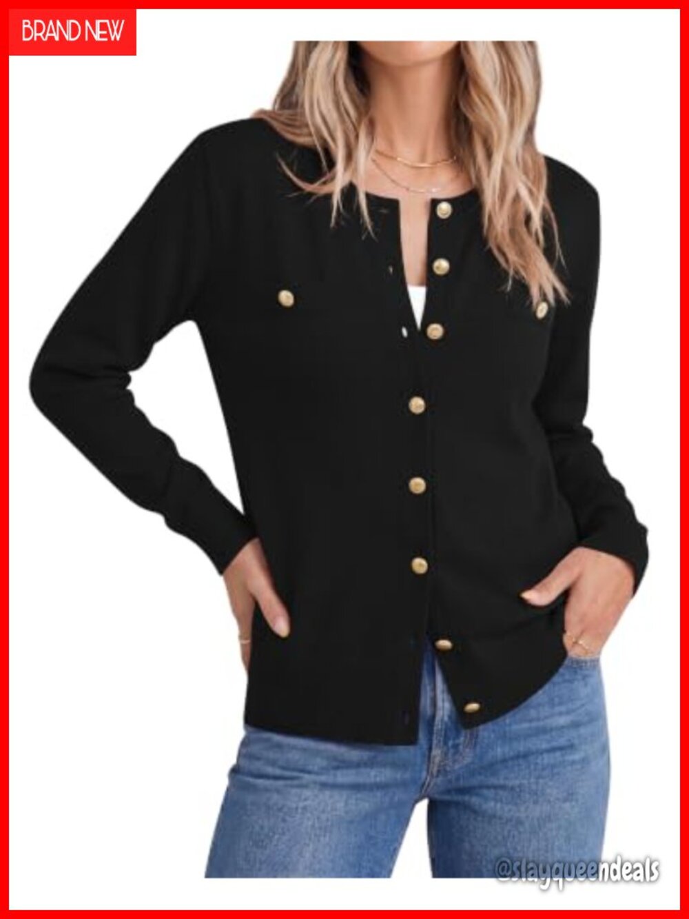 Women's Knit Button Down Cardigan Sweater Long Sleeve Crew Neck